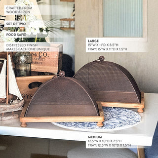 Wooden Tray Serving Station with Black Dome Cover, Set of 2