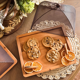 Wooden Tray Serving Station with Black Dome Cover, Set of 2