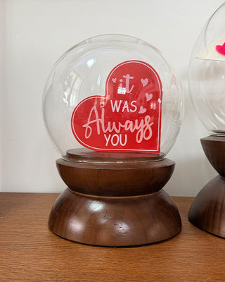 Glass Cloche Display Domes with Rich Wood Pedestal Bases, Set of 2