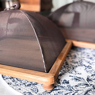 Wooden Tray Serving Station with Black Dome Cover, Set of 2