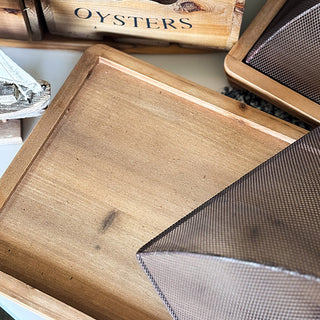 Wooden Tray Serving Station with Black Dome Cover, Set of 2