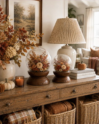 Glass Cloche Display Domes with Rich Wood Pedestal Bases, Set of 2