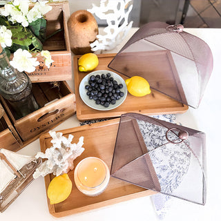 Wooden Tray Serving Station with Black Dome Cover, Set of 2