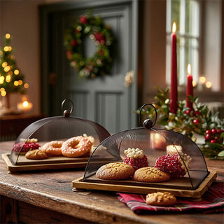 Wooden Tray Serving Station with Black Dome Cover, Set of 2