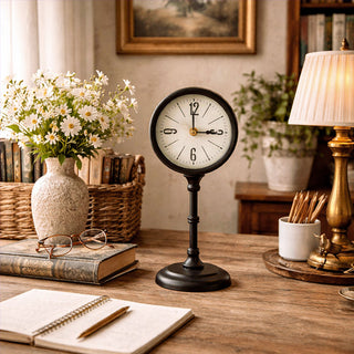  Vintage black metal pedestal desk clock with white face and gold hands