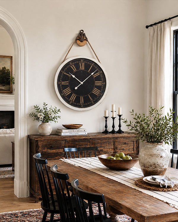 24 Inch Roman Numeral Pulley Wall Clock with Rope Hanger