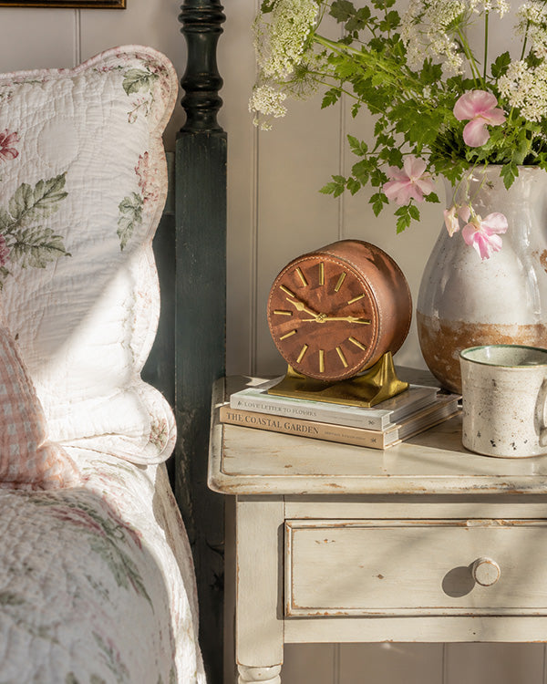 Leather Wrapped Table Clock with Gold Base and Classic Design