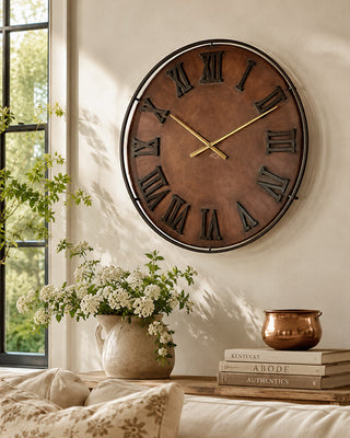 24 Inch Rustic Metal Wall Clock | Bronze Copper Finish with Roman Numerals & Gold Hands