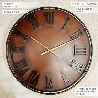 24 Inch Rustic Metal Wall Clock | Bronze Copper Finish with Roman Numerals & Gold Hands