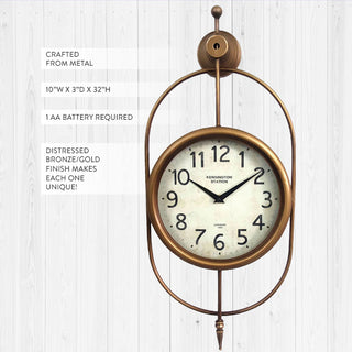 Large 32 inch metal wall clock with oval frame and decorative finials showing product dimensions and features