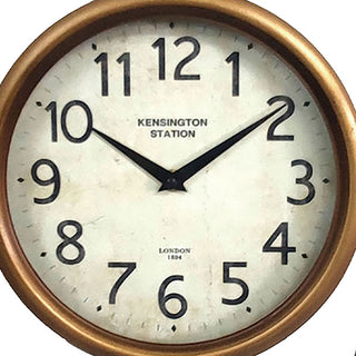  Close-up of Kensington Station London 1894 vintage clock face with Arabic numerals and glass cover
