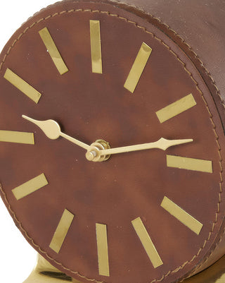 Leather Wrapped Table Clock with Gold Base and Classic Design