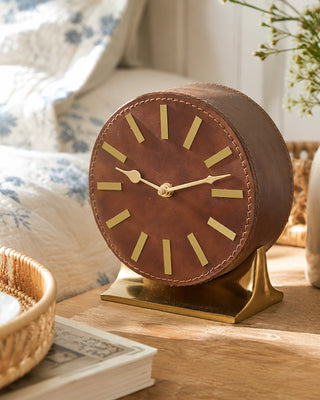Leather Wrapped Table Clock with Gold Base and Classic Design