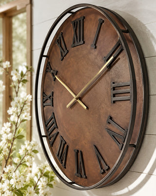 24 Inch Rustic Metal Wall Clock | Bronze Copper Finish with Roman Numerals & Gold Hands