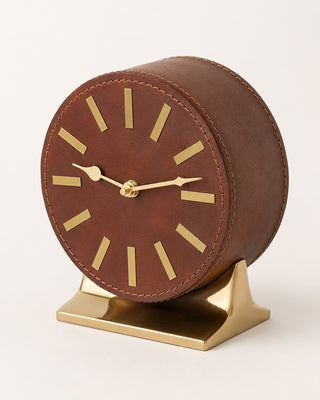 Leather Wrapped Table Clock with Gold Base and Classic Design