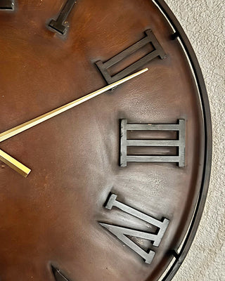 24 Inch Rustic Metal Wall Clock | Bronze Copper Finish with Roman Numerals & Gold Hands