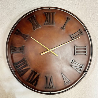 24 Inch Rustic Metal Wall Clock | Bronze Copper Finish with Roman Numerals & Gold Hands