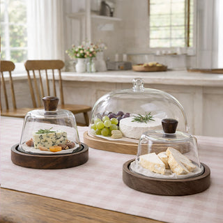 Glass cloche wood base cheese display set