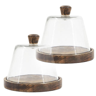 Dark wood glass cloche set rustic serving covers
