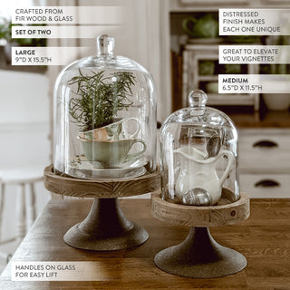 Farmhouse glass cloche set with wooden base stands