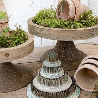 Wooden pedestal tray with moss decor rustic centerpiece