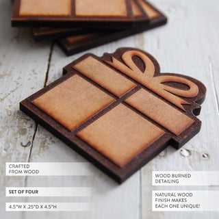 Wood Burned Christmas Present Coasters with Decorative Bow Detail, Set of 4