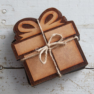 Wood Burned Christmas Present Coasters with Decorative Bow Detail, Set of 4