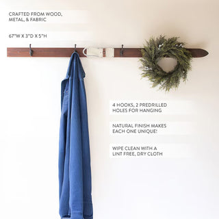 Long wall mounted wood coat rack with ski design and natural finish for mudroom organization