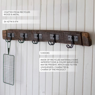 Recycled wood metal coat rack five hooks wall mount