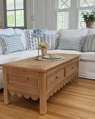 Cottage Scalloped Wood Coffee Table with Drawers