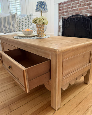 Cottage Scalloped Wood Coffee Table with Drawers