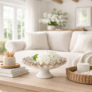 Ivory ceramic ruffled pedestal bowl home decor