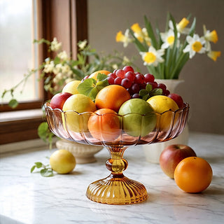  pink amber glass pedestal compote bowl scalloped edge vintage style