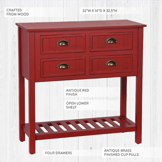 Antique red wood console table with four drawers, open lower shelf, and antique-brass cup pulls