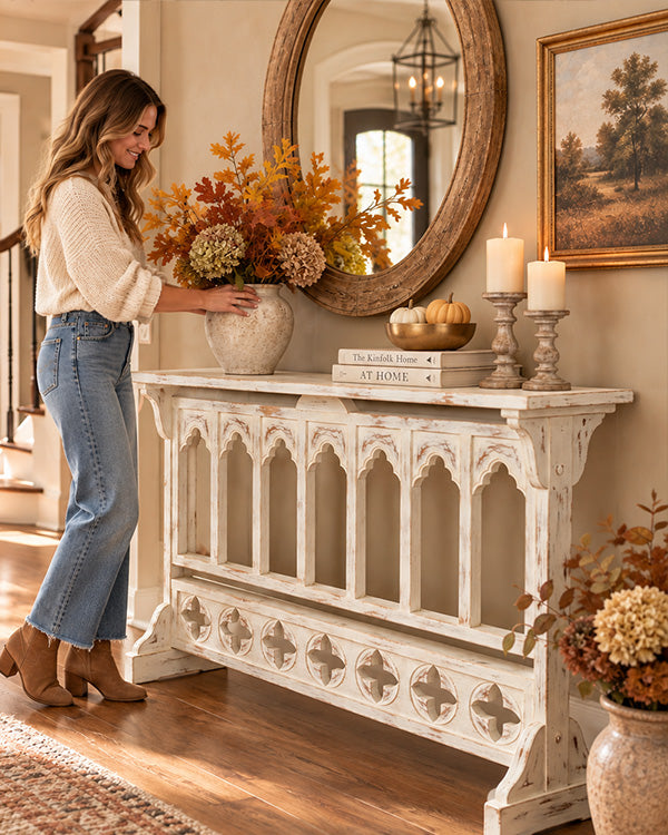 Distressed White Cathedral Arched Console Table