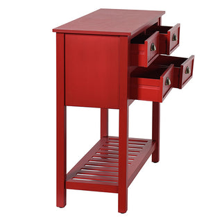 Side view of red wooden console table with open drawers and slatted bottom shelf