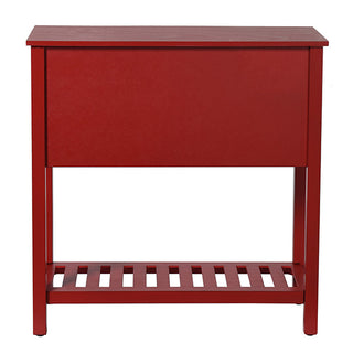 Back view of red wooden console table with slatted lower shelf and smooth finish
