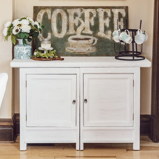 White wood buffet cabinet with coffee bar decor