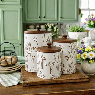 Rustic mushroom canister set on farmhouse kitchen table