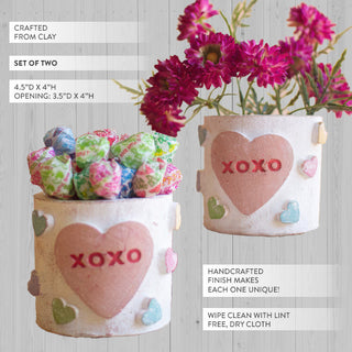 Clay XOXO conversation heart container product specifications set of 2 dimensions 4.5 inch diameter 4 inch height pastel hearts white clay
