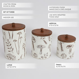 Mushroom storage canisters set of three with wood lids