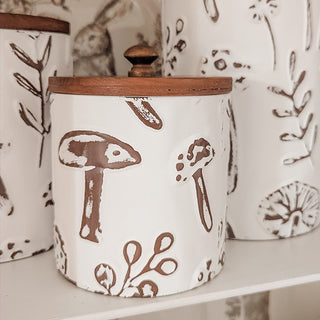 Small mushroom print kitchen canister with wooden lid