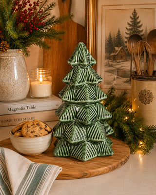 Iridescent Ceramic Christmas Tree Cookie Jar Green Holiday Kitchen Decor