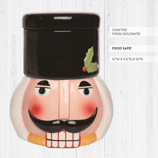 Hand-painted nutcracker cookie jar with rosy cheeks and mustache detail showing food-safe dolomite construction and product dimensions 12 inches wide by 9.5 inches deep by 12 inches high