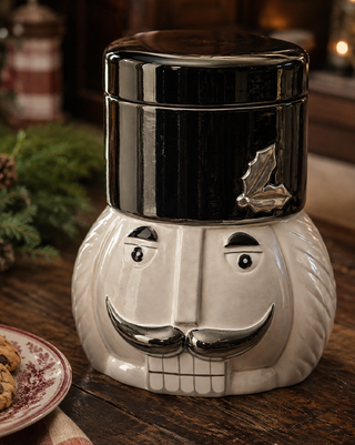 Elegant Nutcracker Cookie Jar Dolomite Gray Black Christmas Canister