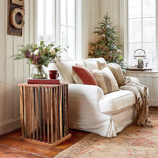 Farmhouse wooden side table cozy holiday living room