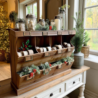 Wooden shelf with decorative items in a home setting; samplers counter