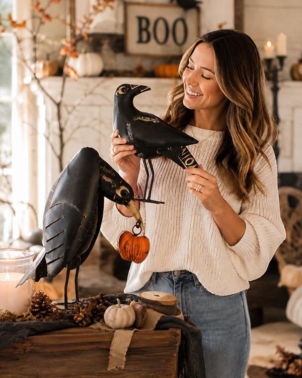 Recycled Iron Crows Holding a Pumpkin, Set of 2