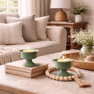 Green metal pedestal candle holders farmhouse living room decor