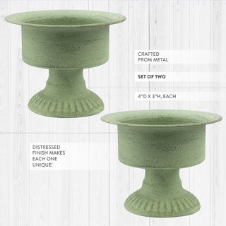 Distressed green metal candle holders set of two pedestal